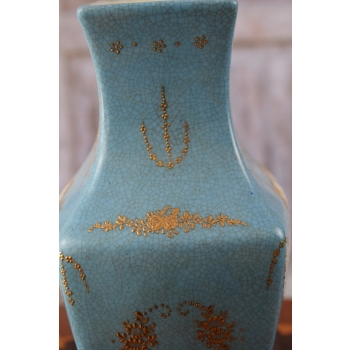 Niebieski Wazon Malowany Złocony Porcelana + Brąz