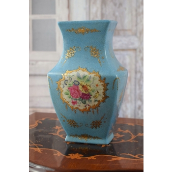 Niebieski Wazon Malowany Złocony Porcelana + Brąz