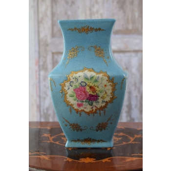 Niebieski Wazon Malowany Złocony Porcelana + Brąz