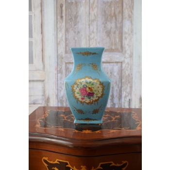 Niebieski Wazon Malowany Złocony Porcelana + Brąz