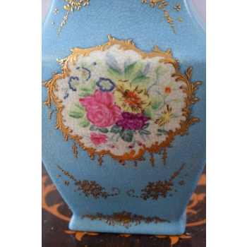 Niebieski Wazon Malowany Złocony Porcelana + Brąz