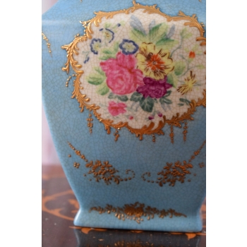 Niebieski Wazon Malowany Złocony Porcelana + Brąz