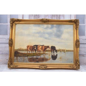 Obraz Olejny - Krowy przy Wodopoju - Sielski Pejzaż - Złota Duża Rama