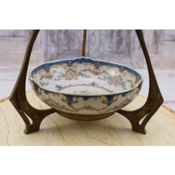 Wielki Czteroramienny Świecznik z Brązu + Porcelana - Secesja - Unikat