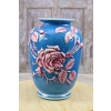 Porcelanowy Niebieski Wazon Donica w Różowe Kwiaty - Secesja - UNIKAT