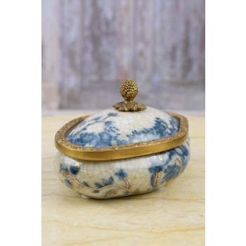 Niebieska Porcelanowa Szkatuła - Puzderko - Kwiaty - Okucia z Brązu Sygn