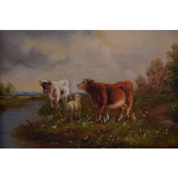 Krowy na Pastwisku - Krowa Pejzaż Sielski - Obraz Olejny - Złota Rama