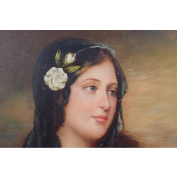 Kobieta z Kwiatami we Włosach - Obraz Olejny - Piękna Rama