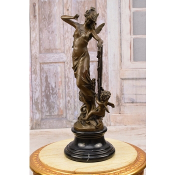 A. Moreau - Calineczka z Harfą i Amorem Wróżka - Figura Rzeźba z Brązu
