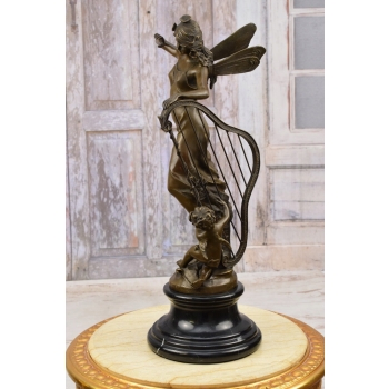 A. Moreau - Calineczka z Harfą i Amorem Wróżka - Figura Rzeźba z Brązu