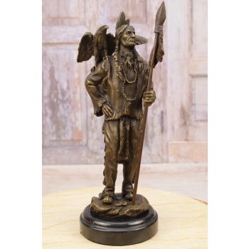 Indianin Apacz z Włócznią i Orłem - Rzeźba Figura z Brązu Sygnowana