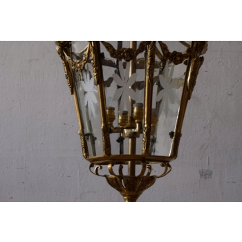 Lampa z Brązu - Wisząca Latarnia Empire - Brąz + Szkło - Unikat! 70CM