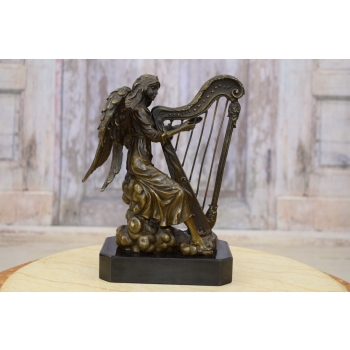 Grający Anioł - Grajek Harfa - Rzeźba Figura z Brązu - Prezent