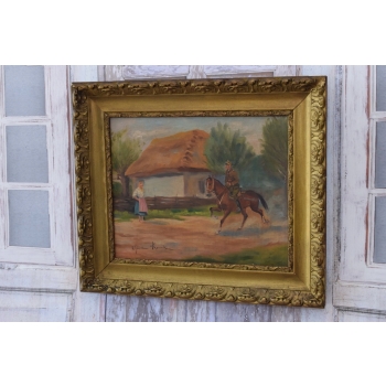 Wojciech Kossak - Ułan na Koniu i Góralka - Polski Stary Obraz Olejny