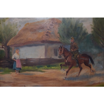 Wojciech Kossak - Ułan na Koniu i Góralka - Polski Stary Obraz Olejny