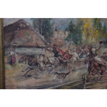 Wojciech Kossak - Wesele Krakowskie - Polski Stary Obraz Olejny 127x89cm
