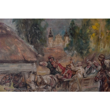 Wojciech Kossak - Wesele Krakowskie - Polski Stary Obraz Olejny 127x89cm