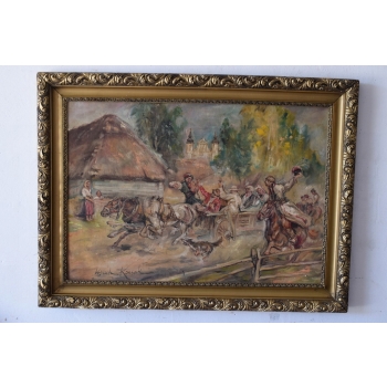 Wojciech Kossak - Wesele Krakowskie - Polski Stary Obraz Olejny 127x89cm