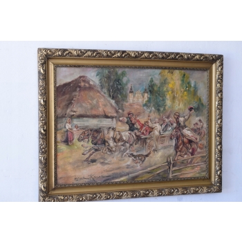 Wojciech Kossak - Wesele Krakowskie - Polski Stary Obraz Olejny 127x89cm