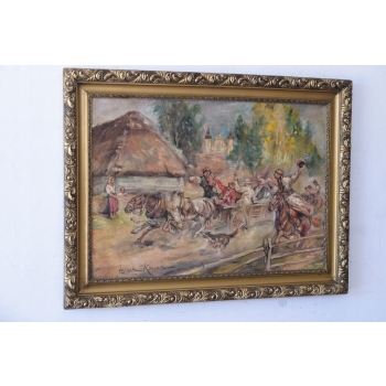 Wojciech Kossak - Wesele Krakowskie - Polski Stary Obraz Olejny 127x89cm