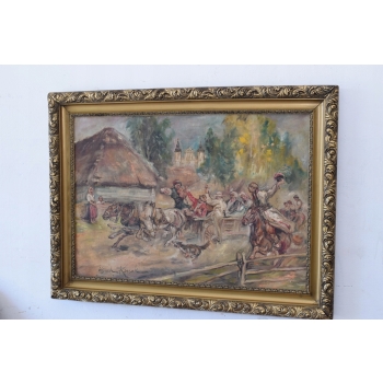 Wojciech Kossak - Wesele Krakowskie - Polski Stary Obraz Olejny 127x89cm