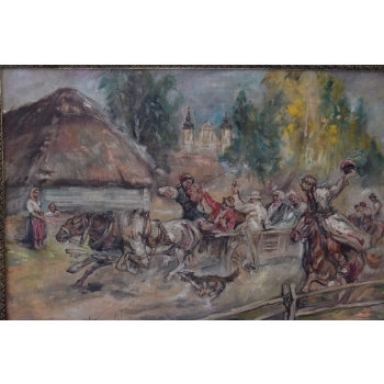 Wojciech Kossak - Wesele Krakowskie - Polski Stary Obraz Olejny 127x89cm
