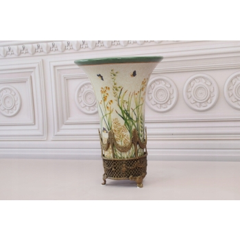 Pałacowy Wazon Malowany Sygn. Porcelana + Brąz Ważki Sygnowany