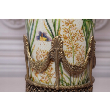 Pałacowy Wazon Malowany Sygn. Porcelana + Brąz Ważki Sygnowany