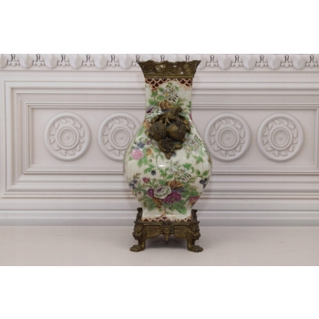 Porcelanowy Wazon Waza Flakon - Biały - Kwiaty - Porcelana + Brąz