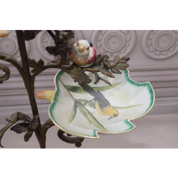 Biała Porcelanowa Patera - Okuta Brązem Brąz - Kolorowe Kwiaty Ptaki