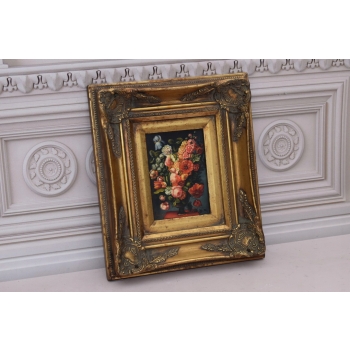 Wazon Z Kwiatami - Kwiaty Na Stole - Obraz Olejny - Złota Rama