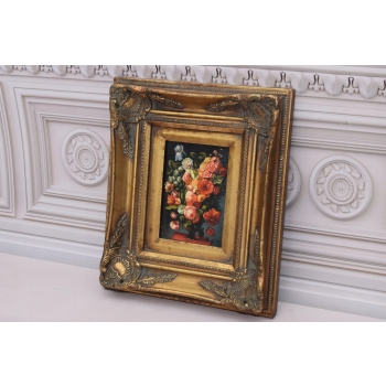 Wazon Z Kwiatami - Kwiaty Na Stole - Obraz Olejny - Złota Rama