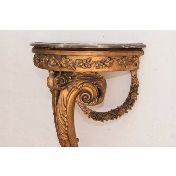 Złota Drewniana Konsola na Ścianę z Marmurem - Półka - Ozdoba Stabilna