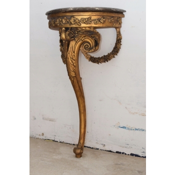 Złota Drewniana Konsola na Ścianę z Marmurem - Półka - Ozdoba Stabilna