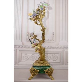 113cm Świecznik z Brązu + Porcelana - Ptaszki na Gałęzi Secesja - Sygn.