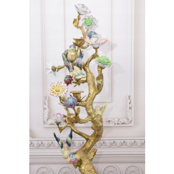 113cm Świecznik z Brązu + Porcelana - Ptaszki na Gałęzi Secesja - Sygn.