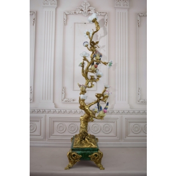 113cm Świecznik z Brązu + Porcelana - Ptaszki na Gałęzi Secesja - Sygn.