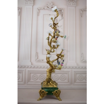 113cm Świecznik z Brązu + Porcelana - Ptaszki na Gałęzi Secesja - Sygn.