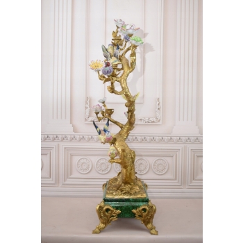 113cm Świecznik z Brązu + Porcelana - Ptaszki na Gałęzi Secesja - Sygn.