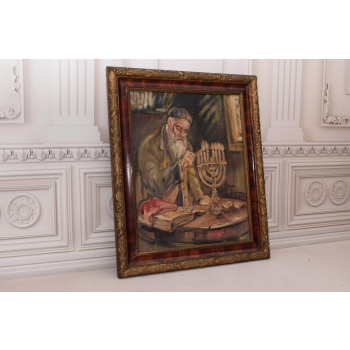 GOLDBAUM 1940 - Żyd Rozpalający Menore - Stary Obraz Olej na Płótnie