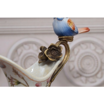 Porcelanowa Karafka - Okuta Brązem Brąz - Kwiaty i Ptaki - Sygnowana