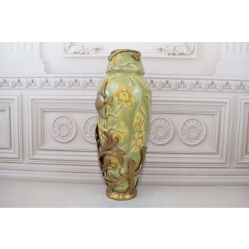Zielony Porcelanowy Wazon Kwiaty - Ryby - Porcelana + Brąz - Sygnowany