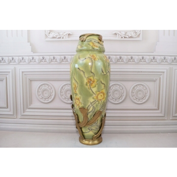 Zielony Porcelanowy Wazon Kwiaty - Ryby - Porcelana + Brąz - Sygnowany