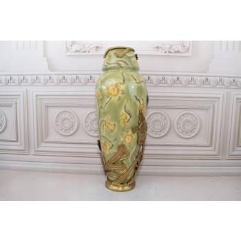 Zielony Porcelanowy Wazon Kwiaty - Ryby - Porcelana + Brąz - Sygnowany