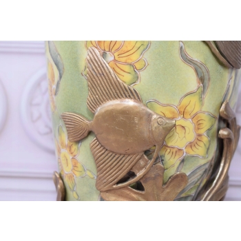 Zielony Porcelanowy Wazon Kwiaty - Ryby - Porcelana + Brąz - Sygnowany