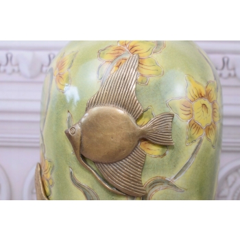 Zielony Porcelanowy Wazon Kwiaty - Ryby - Porcelana + Brąz - Sygnowany
