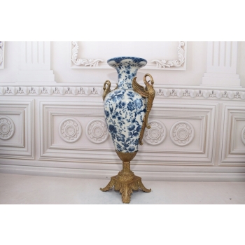 Muzealny Wazon Waza Amfora - Porcelana + Brąz - Łabędzie - Sygnowana