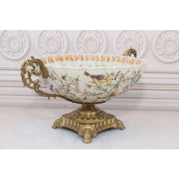 Biała Porcelanowa Patera - Kolorowe Kwiaty - Ptaki - Porcelana + Brąz