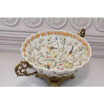 Biała Porcelanowa Patera - Kolorowe Kwiaty - Ptaki - Porcelana + Brąz