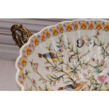 Biała Porcelanowa Patera - Kolorowe Kwiaty - Ptaki - Porcelana + Brąz